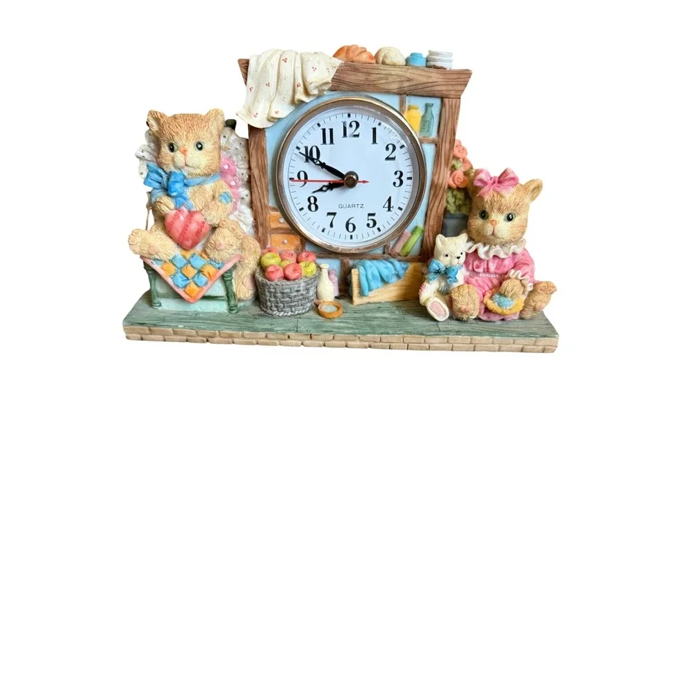 Vintage Style Resin Kitten Cat Mantel Clock Quartz Nursery Decor Figurine